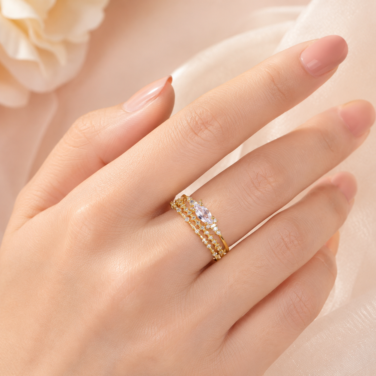 Marquise Zircon Layered Ring Set in Gold & Silver