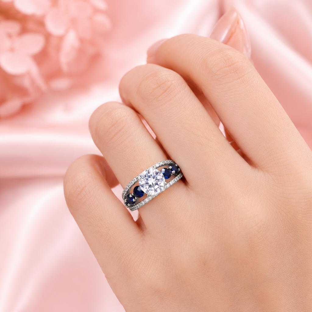 Blue Stone Split Shank Ring with Round Center Zircon
