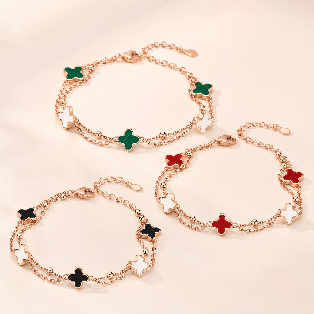 Rose Gold Clover Bracelet with Colorful Charm Accents