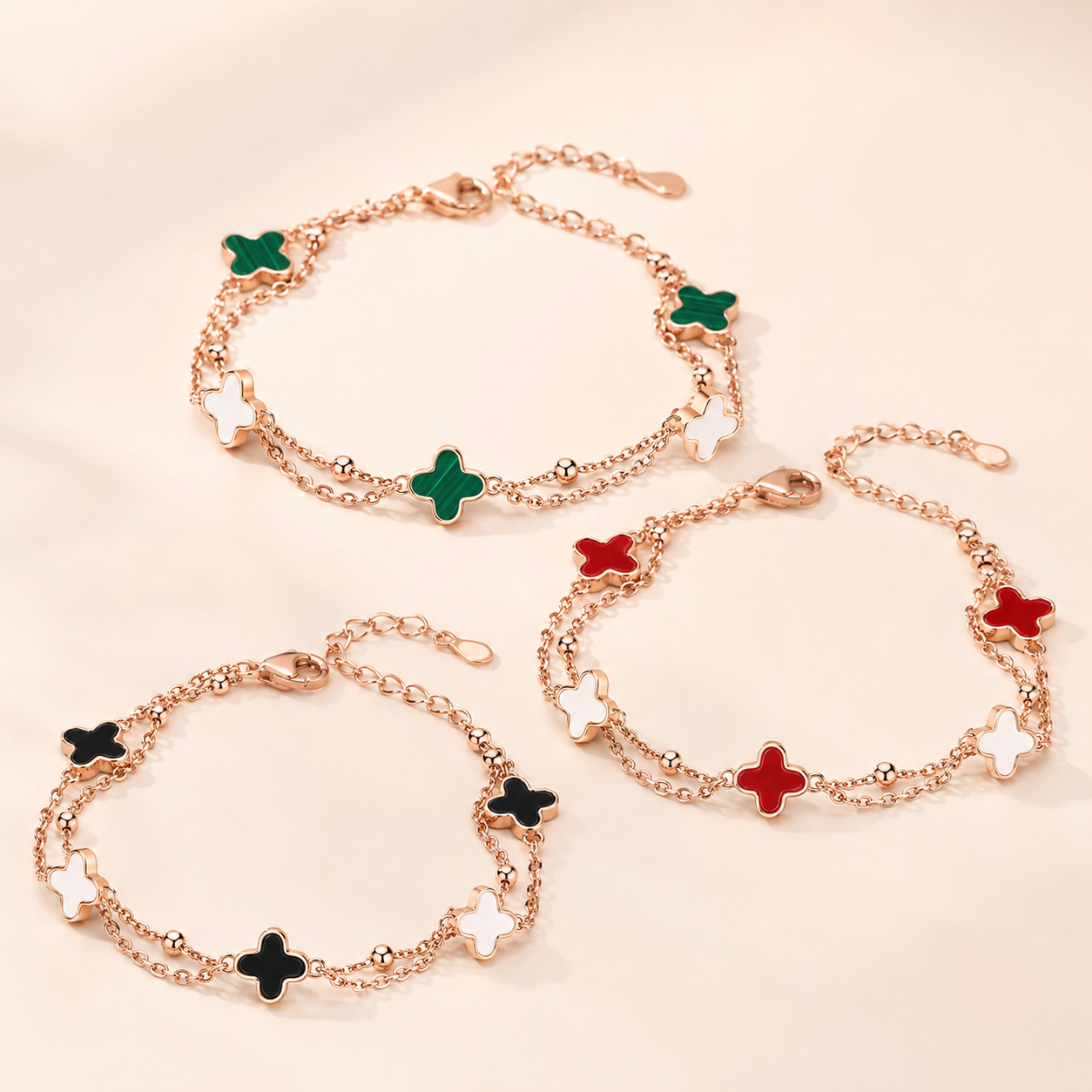 Rose Gold Clover Bracelet with Colorful Charm Accents