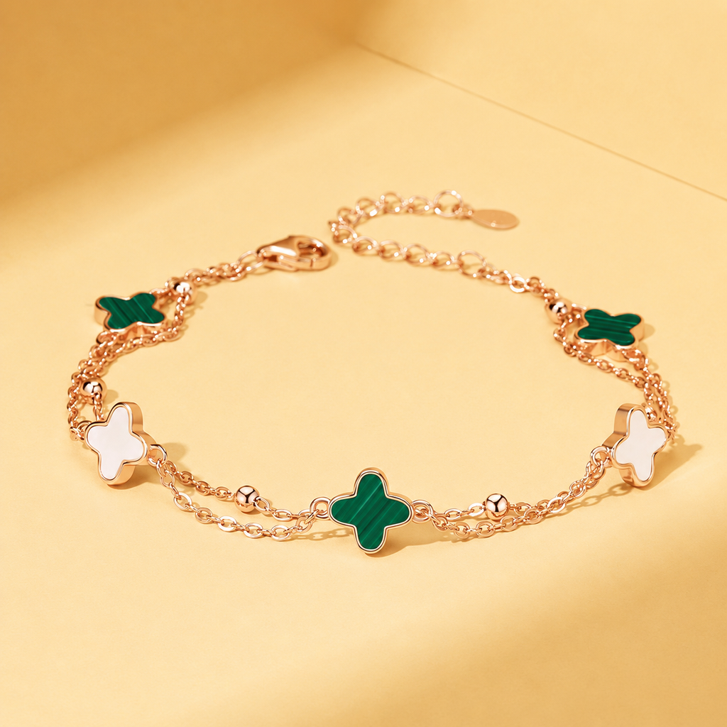 Rose Gold Clover Bracelet with Colorful Charm Accents