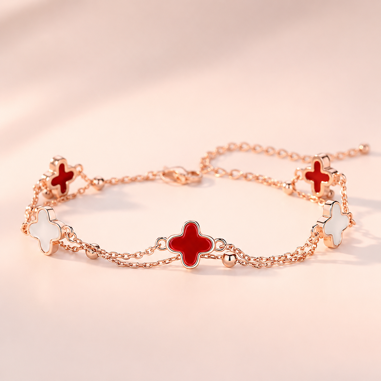 Rose Gold Clover Bracelet with Colorful Charm Accents