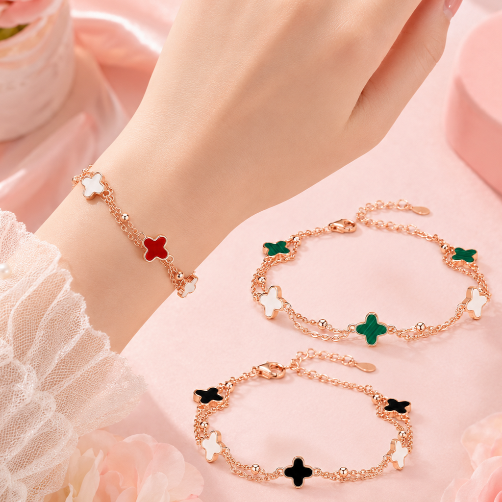 Rose Gold Clover Bracelet with Colorful Charm Accents