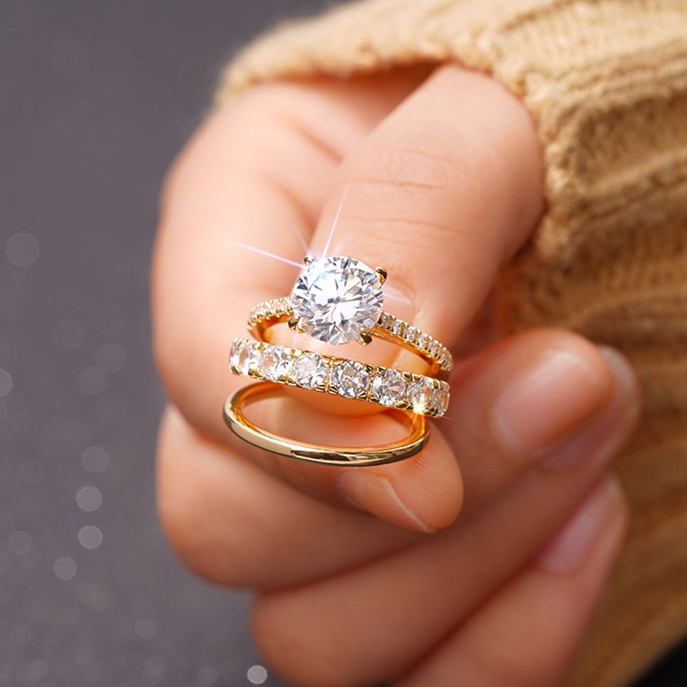 Three-Piece Zircon Stacking Ring Set in Gold & Silver
