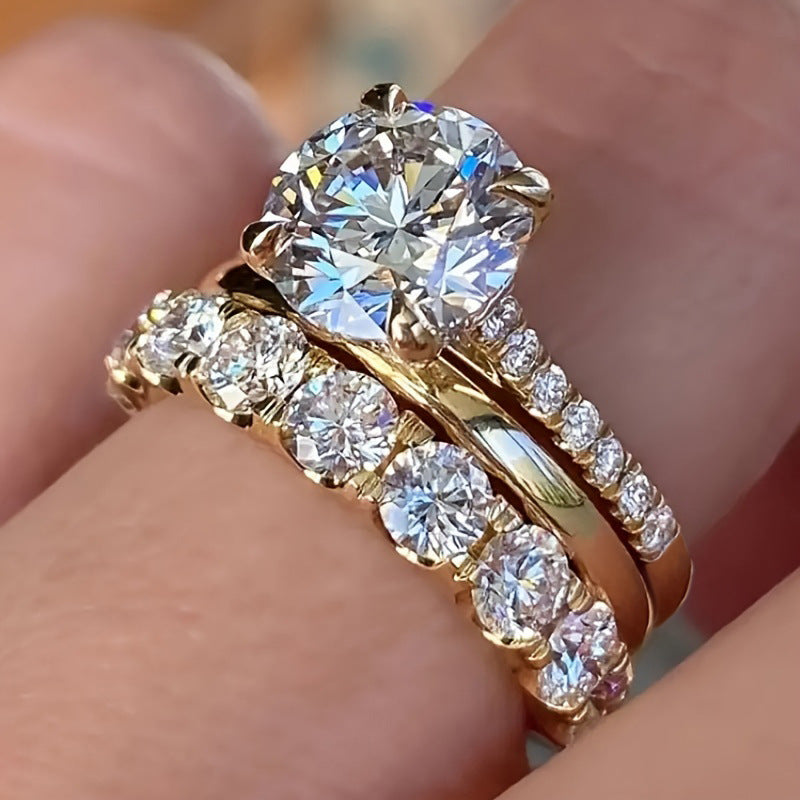 Three-Piece Zircon Stacking Ring Set in Gold & Silver