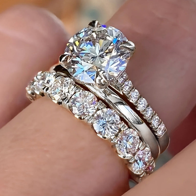 Three-Piece Zircon Stacking Ring Set in Gold & Silver