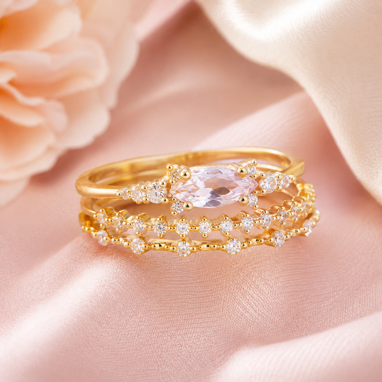 Marquise Zircon Layered Ring Set in Gold & Silver